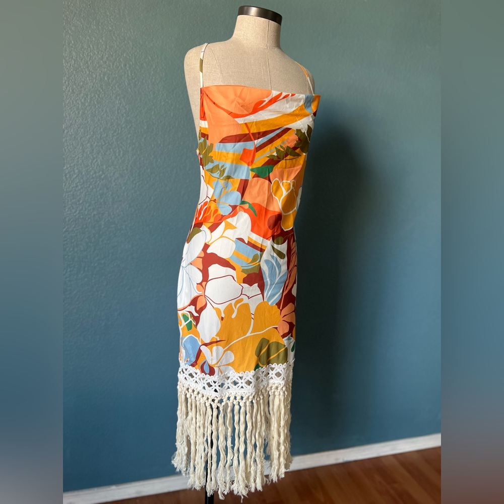 Women’s Loragal Tropical Orange Multi Floral Fringe Slip Dress boho bohemian